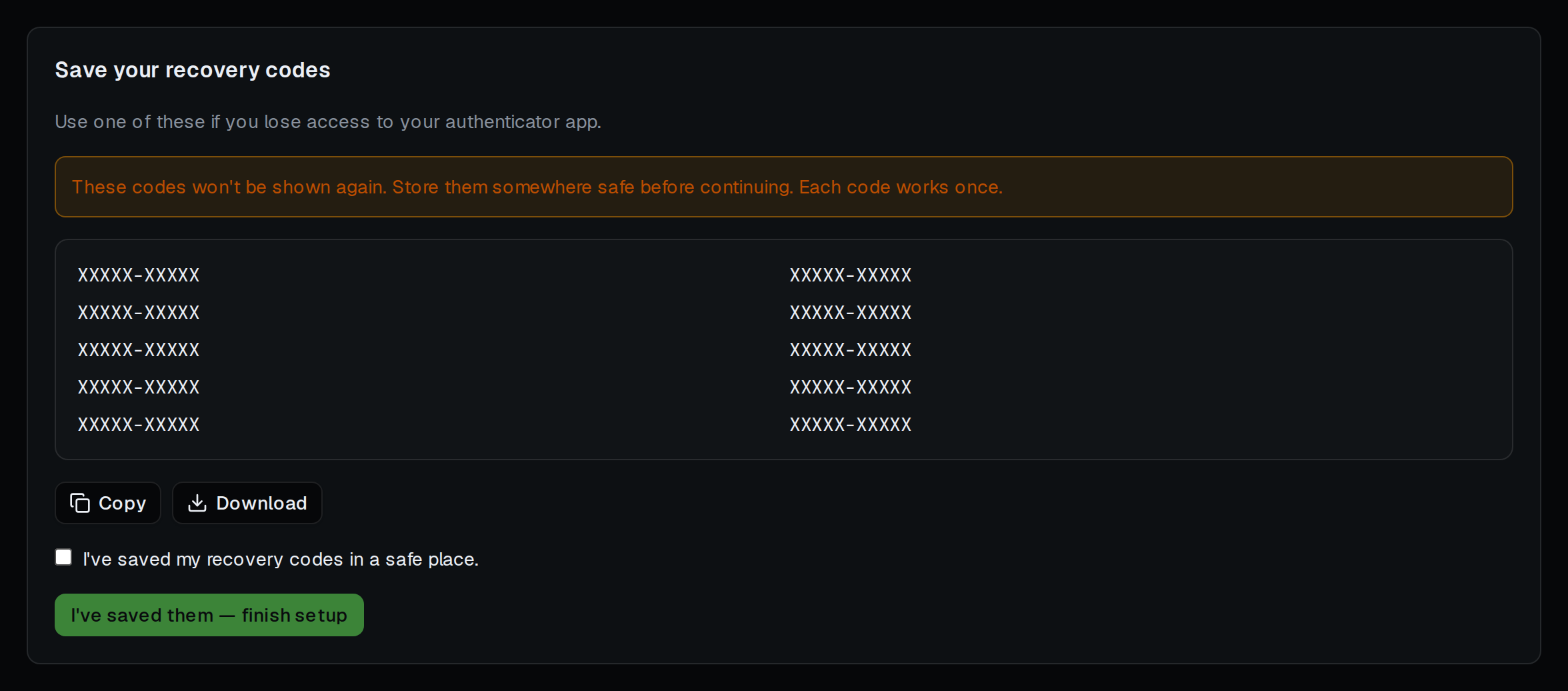 The one-time recovery codes screen shown immediately after activating MFA, listing 10 backup codes