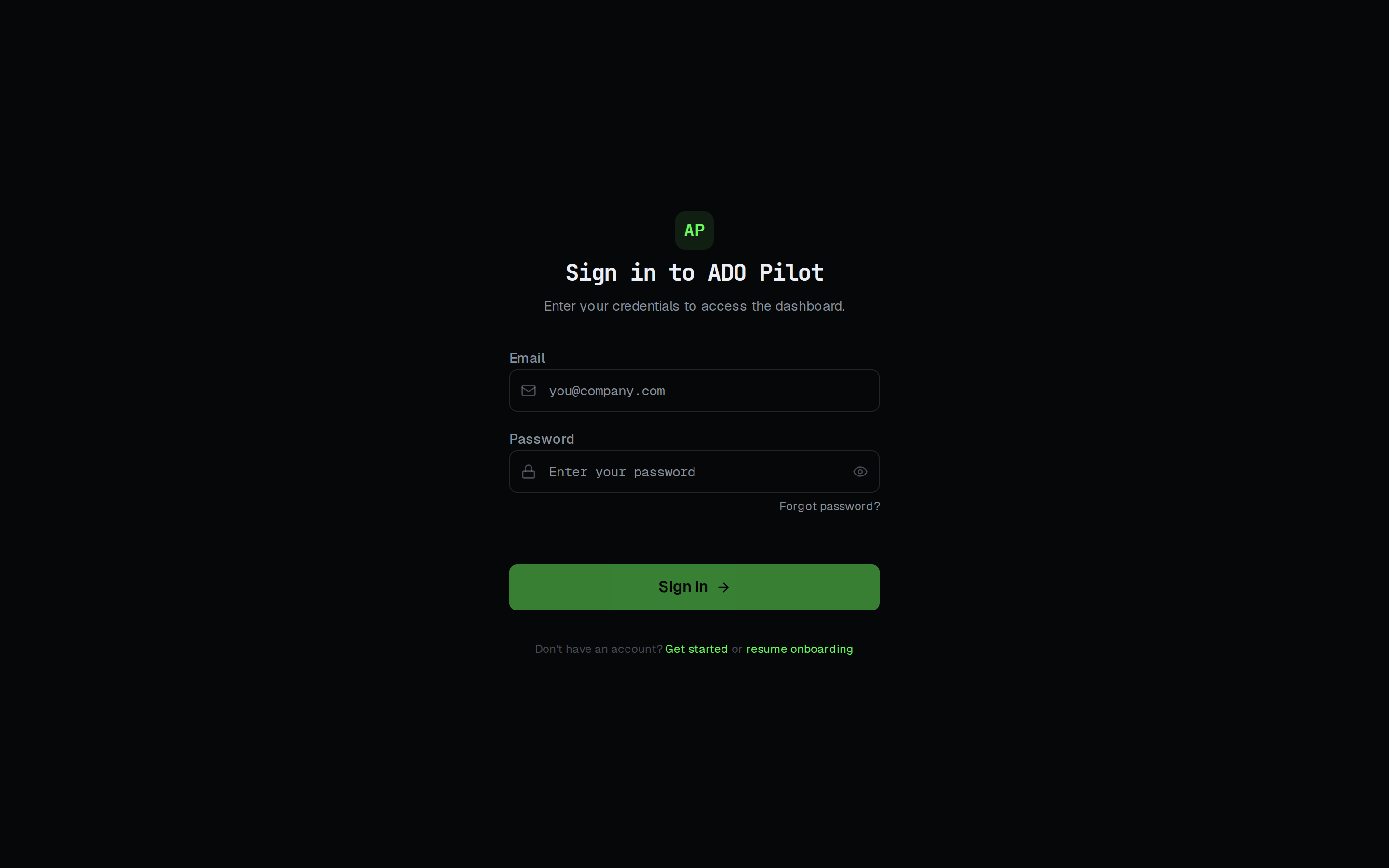 The ADO Pilot sign-in screen showing the email/password form alongside one-time sign-in link, one-time code, and Sign in with Microsoft options