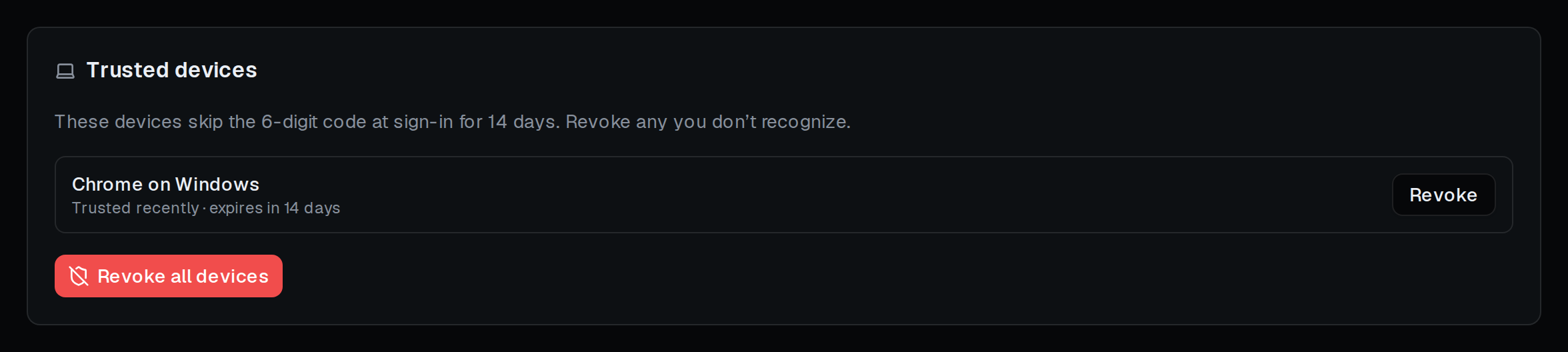 The Trusted Devices settings page listing remembered devices with individual and bulk revoke controls