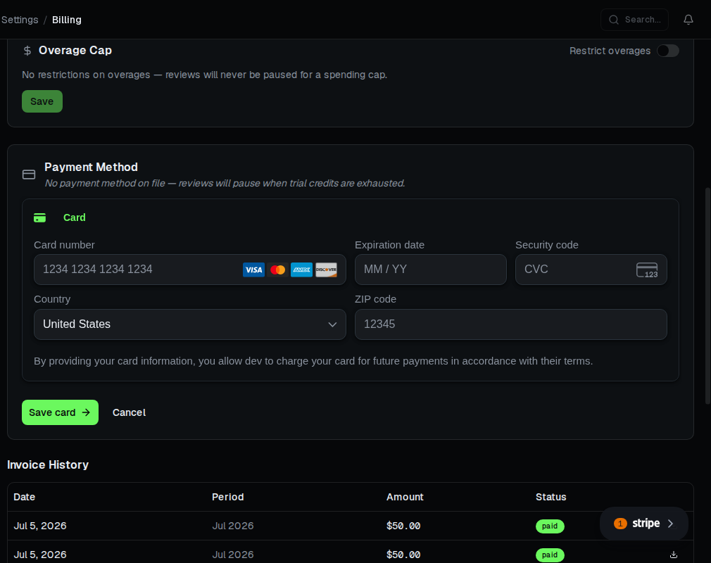 The ADO Pilot Billing page's Payment Method card, expanded to show an inline card-entry form with Card number, Expiration date, Security code, Country, and ZIP code fields and a Save card button.