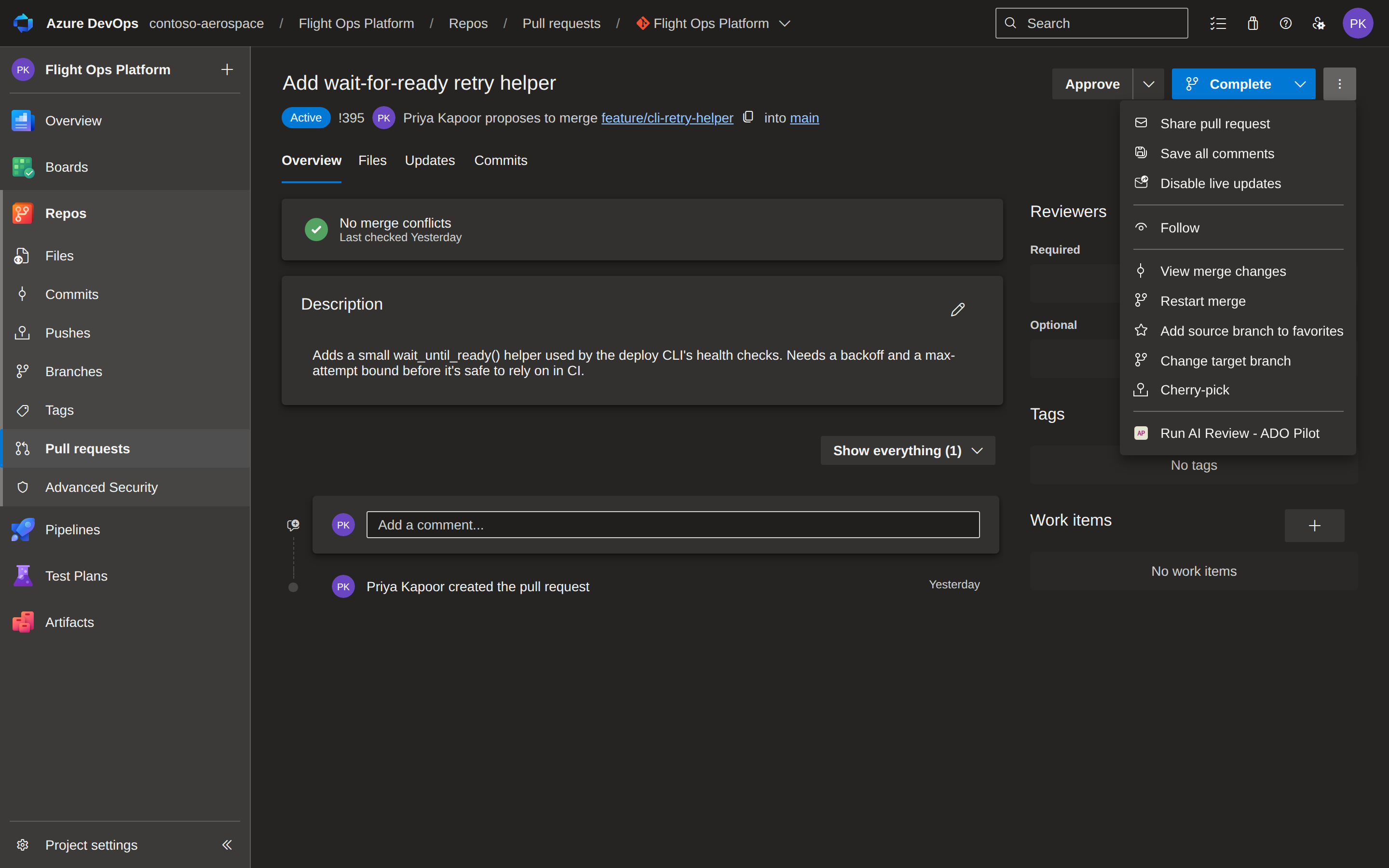 The PR three-dot action overflow menu open showing 'Run AI Review' among the standard ADO actions.