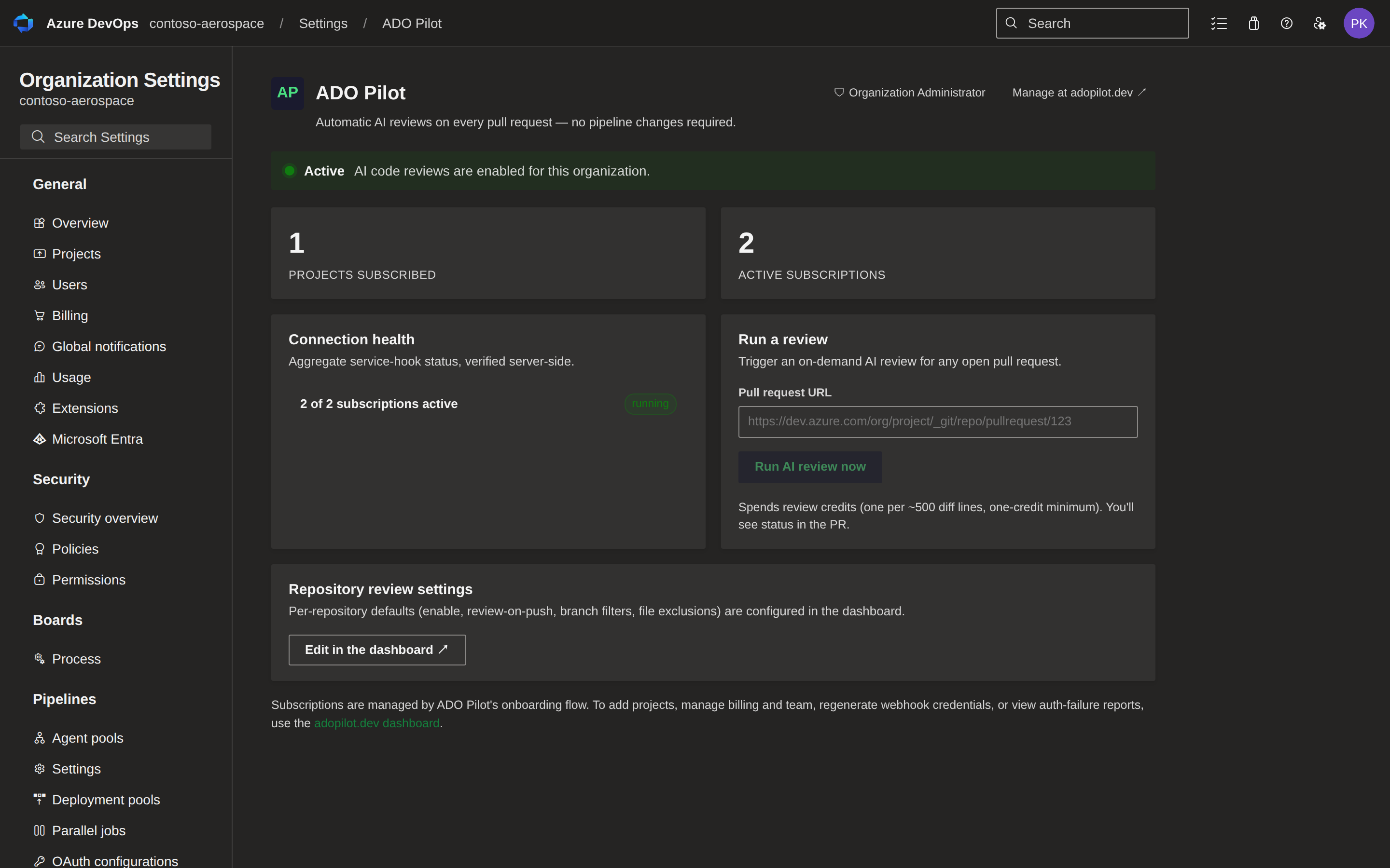 The ADO Pilot Settings Hub showing the Active status banner, connection health panel, and Run a review form with a PR URL input.