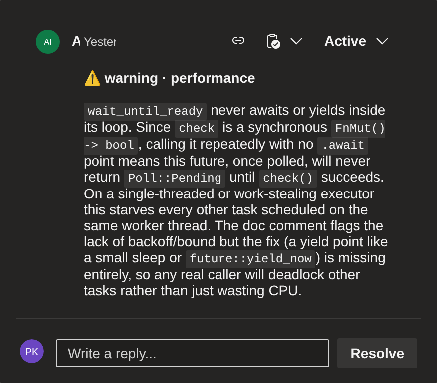 An example ADO Pilot inline review comment on a pull request file diff, showing severity badge, category, and suggested fix.