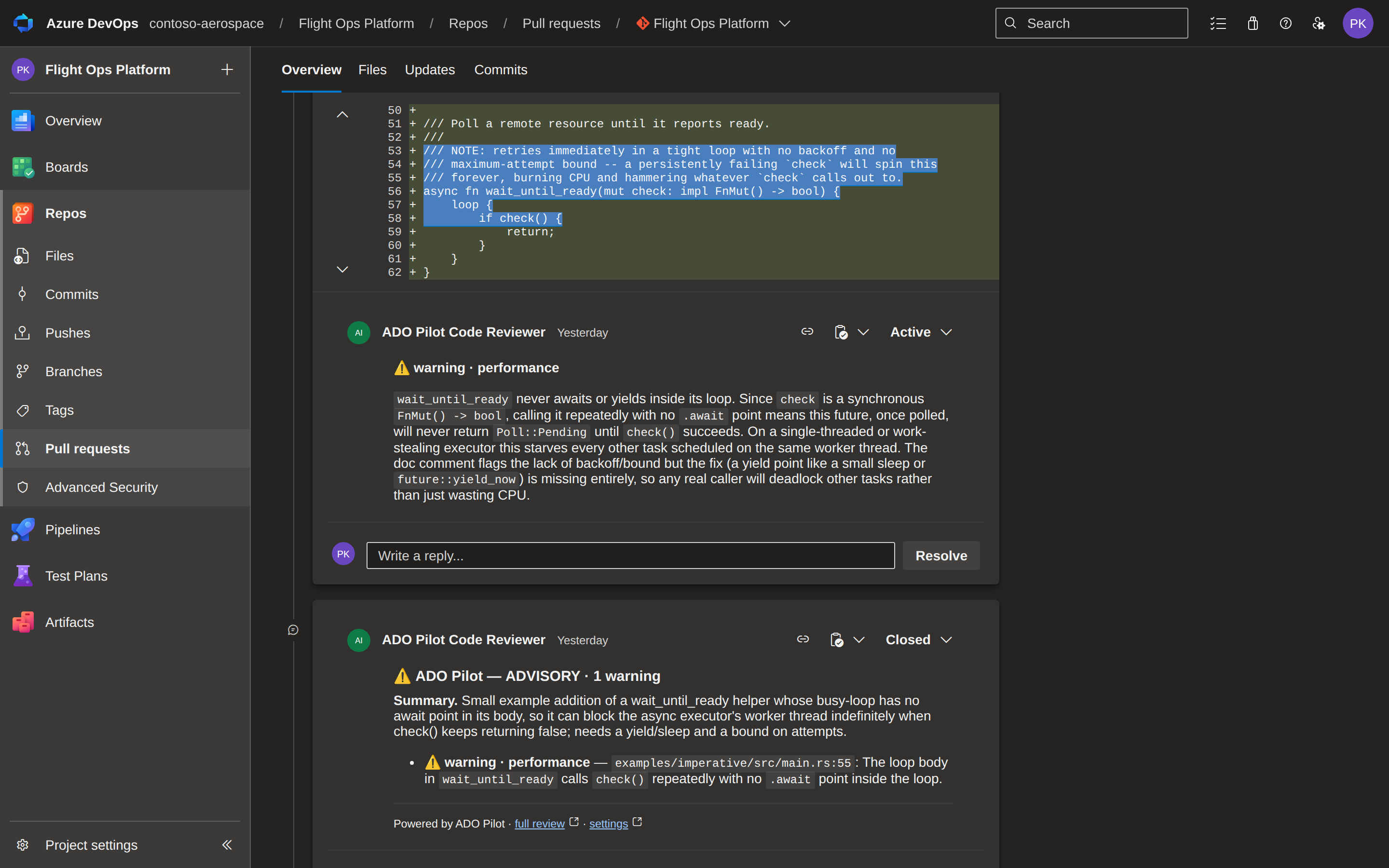 An ADO Pilot ADVISORY tracking comment on a pull request, showing the warning glyph, verdict heading, summary paragraph, and footer with deep links.